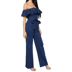 Denim Flying Tomato wide-leg ruffle denim off the shoulder, belted jumpsuit